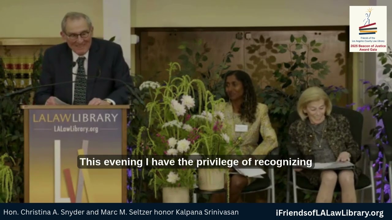 Hon. Christina A. Synder and Marc M. Seltzer honor Kalpana Srinivasan  2025 Beacon of Justice Award